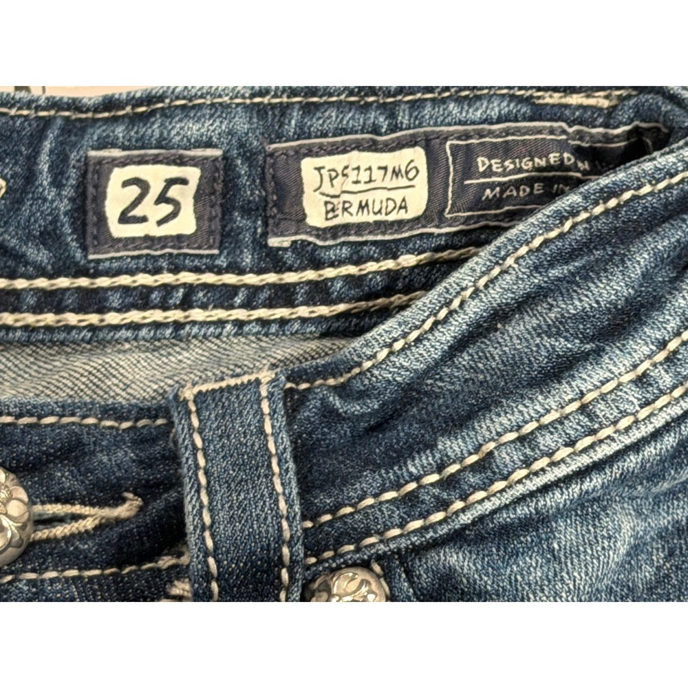 Miss Me Angel Wings Cross Bling Distressed Denim Low Rise Y2K Bermuda Shorts 25 - Picture 3 of 11